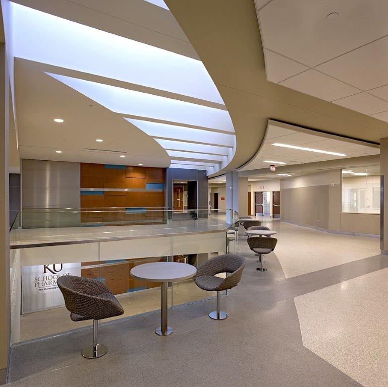 Views of lobbies, collaborative areas, and hall interior design for a school of pharmacy.